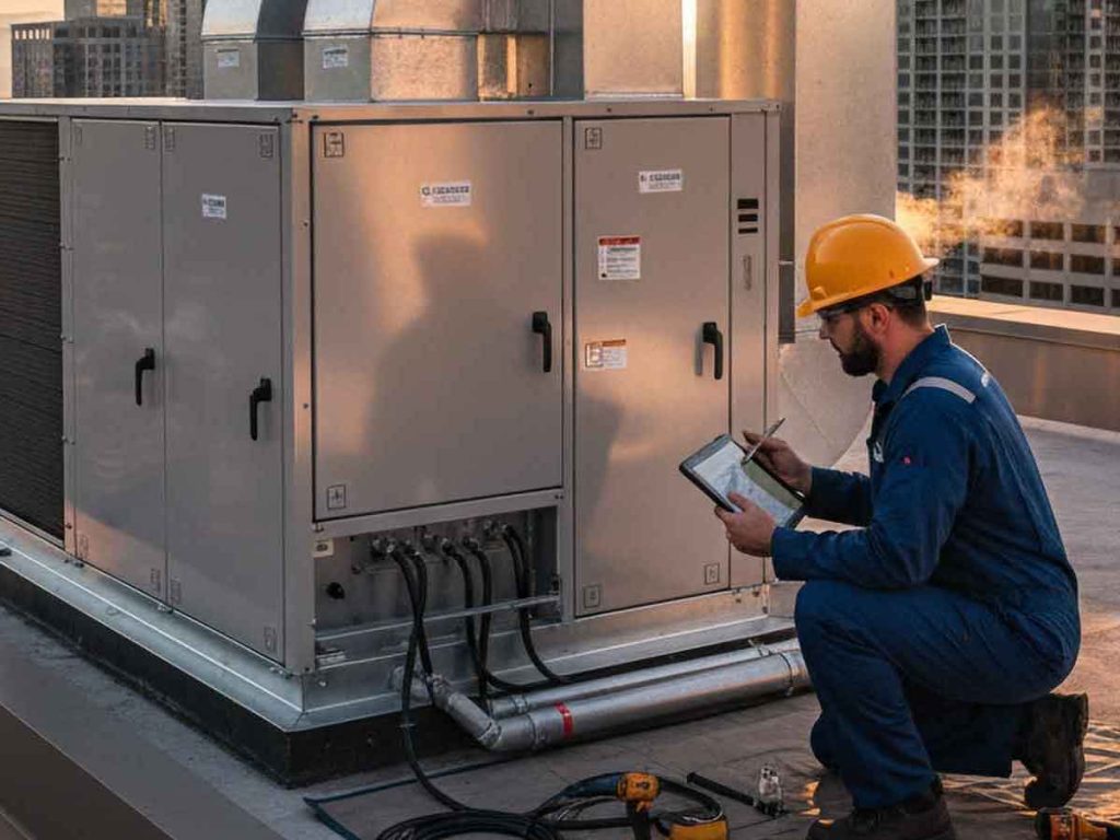 HVAC Technician working on Commercial HVAC system in Windsor, Ontario